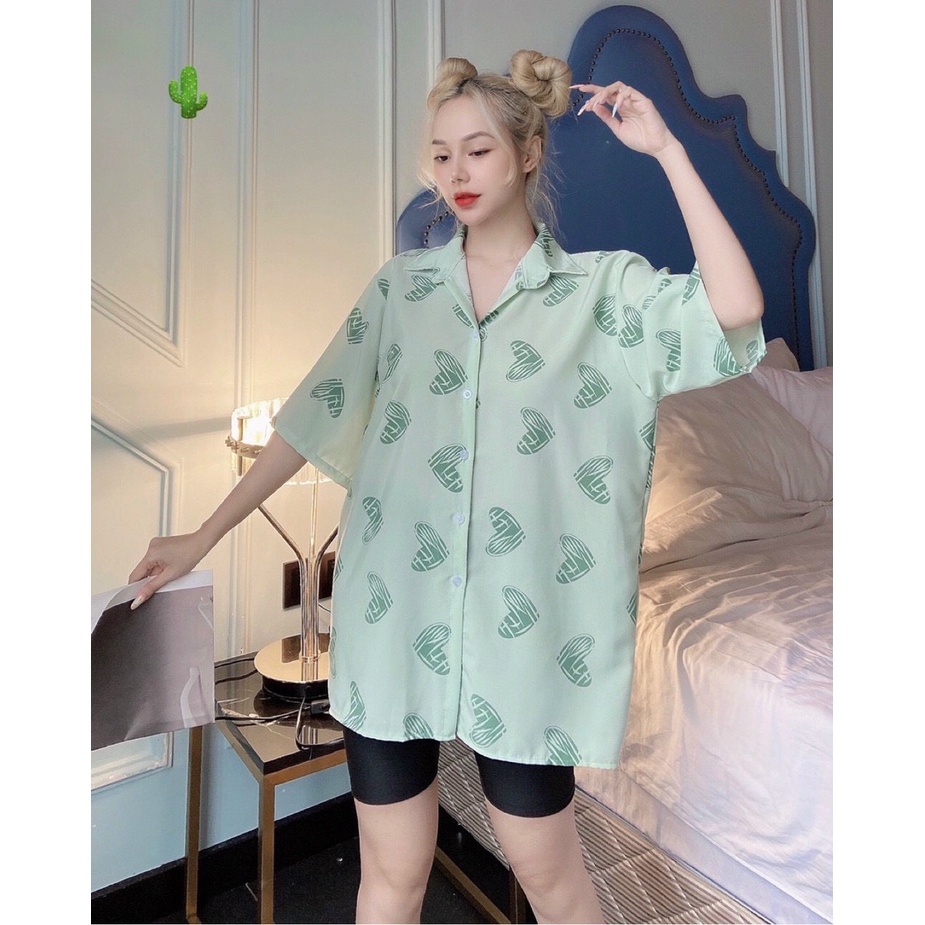 Áo sơ mi form rộng tay lỡ in trái tim full áo cực xinh , chất kate lụa mềm mịn