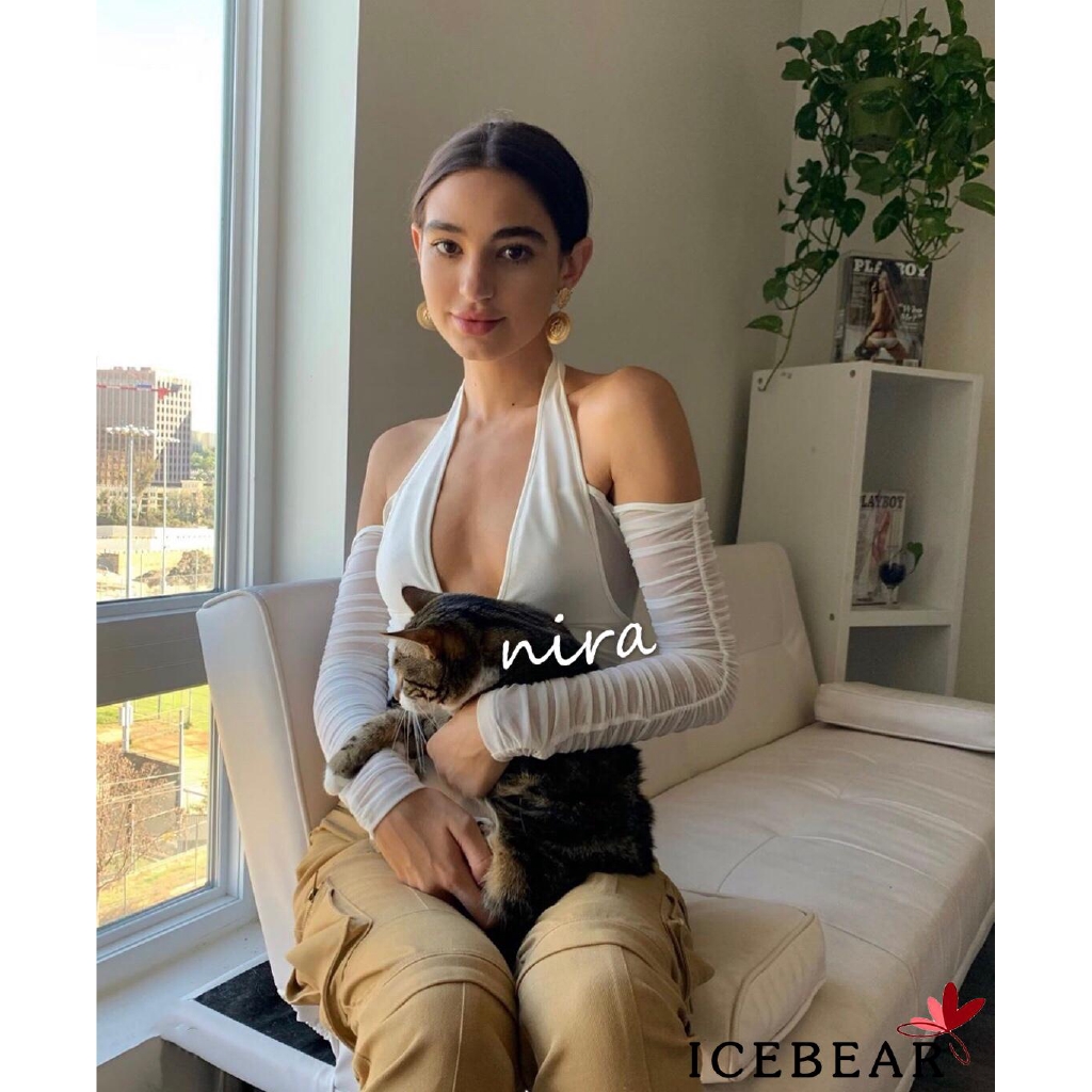 Áo tay dài khoét vai gợi cảm cổ chữ V thiết kế bán trong suốt cho nữ