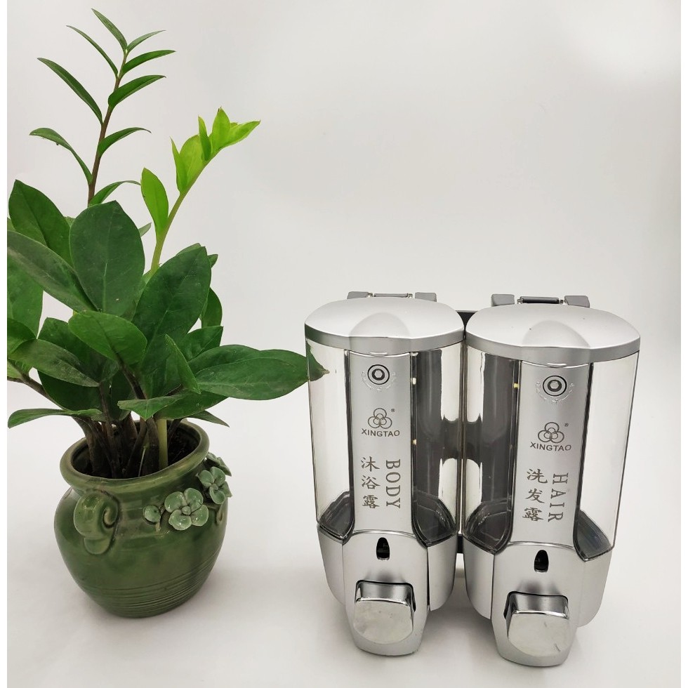 Free ship 50k - Hộp chứa nước rửa tay, sữa tắm, dầu gội gắn tường đôi (màu bạc) - HV Store 168