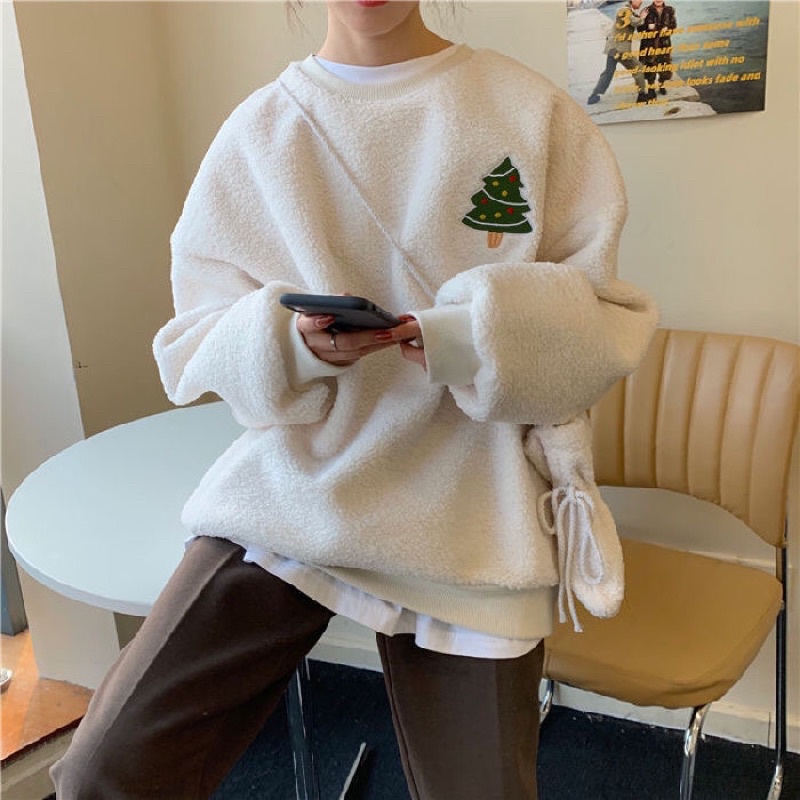 Áo Sweater Len Bông Tay Dài Form Rộng Tặng Kèm Túi Y Hình Mùa Đông Giáng Sinh Noel Cực Xinh