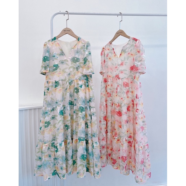 Đầm Voan Hoa Lụa Cổ V Phom Suông Rộng Dáng Tầng Babydoll Phong Cách Nữ Tính Nhẹ Nhàng