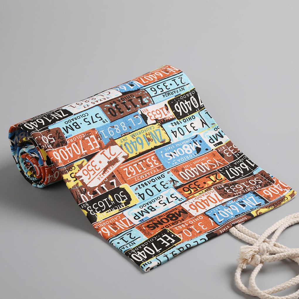 Car Plates Pattern Roll Up Canvas Paint Brush Case Pencil Bag Drawing Pen Pouch Storage 12-72 Holes