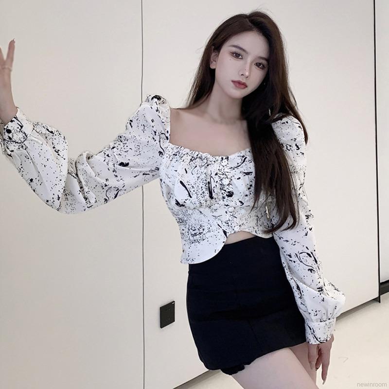 Áo croptop tay dài cổ vuông màu nhuộm thời trang quyến rũ cho nữ