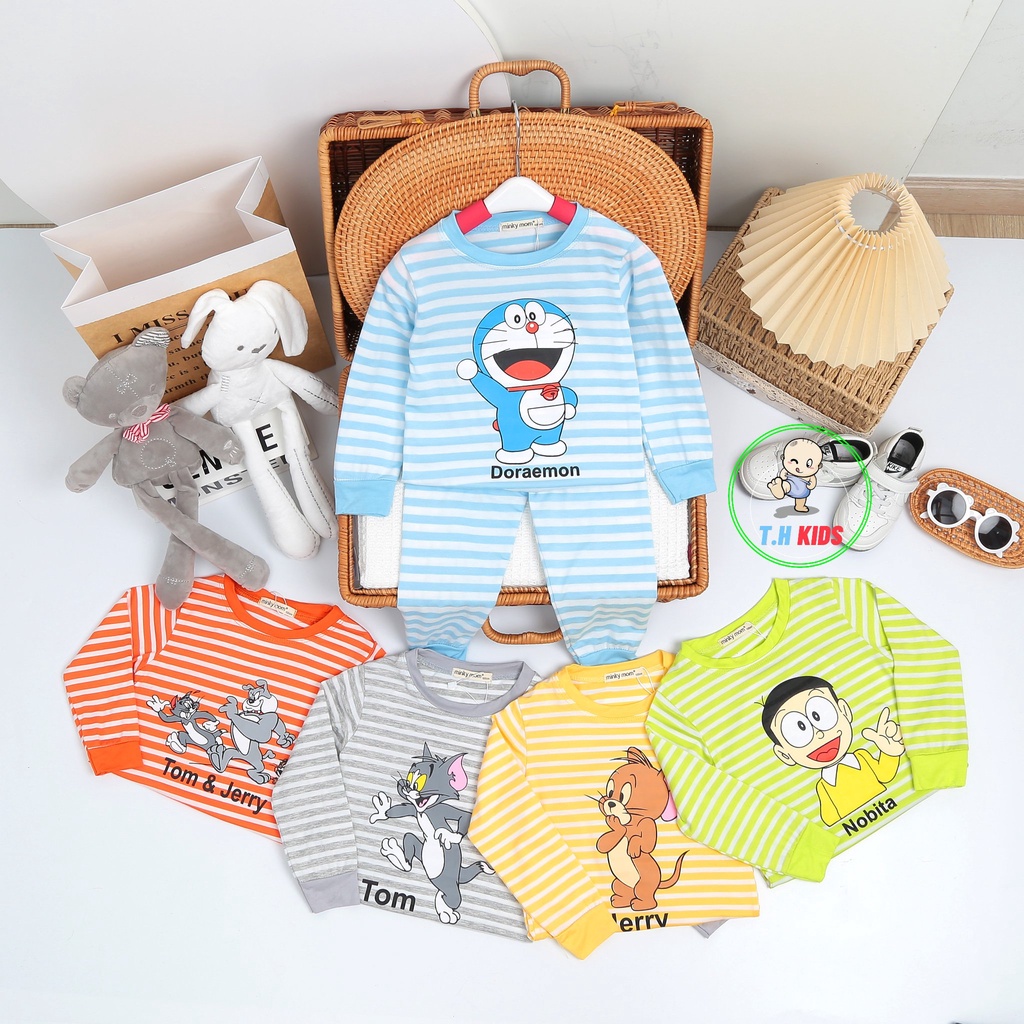 [Bé 10-27kg] Bộ Dài tay thun lạnh sọc dệt Đôremon Minky Mom mềm mịn cho bé trai bé gái từ 10-27kg