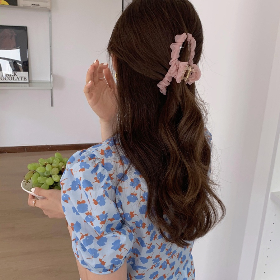 Kẹp tóc đuôi ngựa hình hoa phối ren màu trơn phong cách Hàn Quốc 12cm