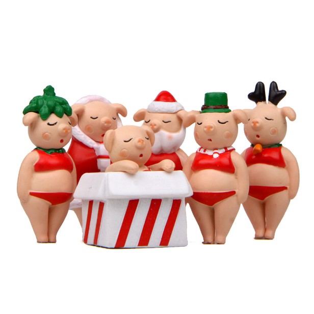Bộ mô hình 6 thím lợn hồng trong trang phục hóa trang Giáng Sinh Noel dễ thương làm móc khóa, trang trí, DIY