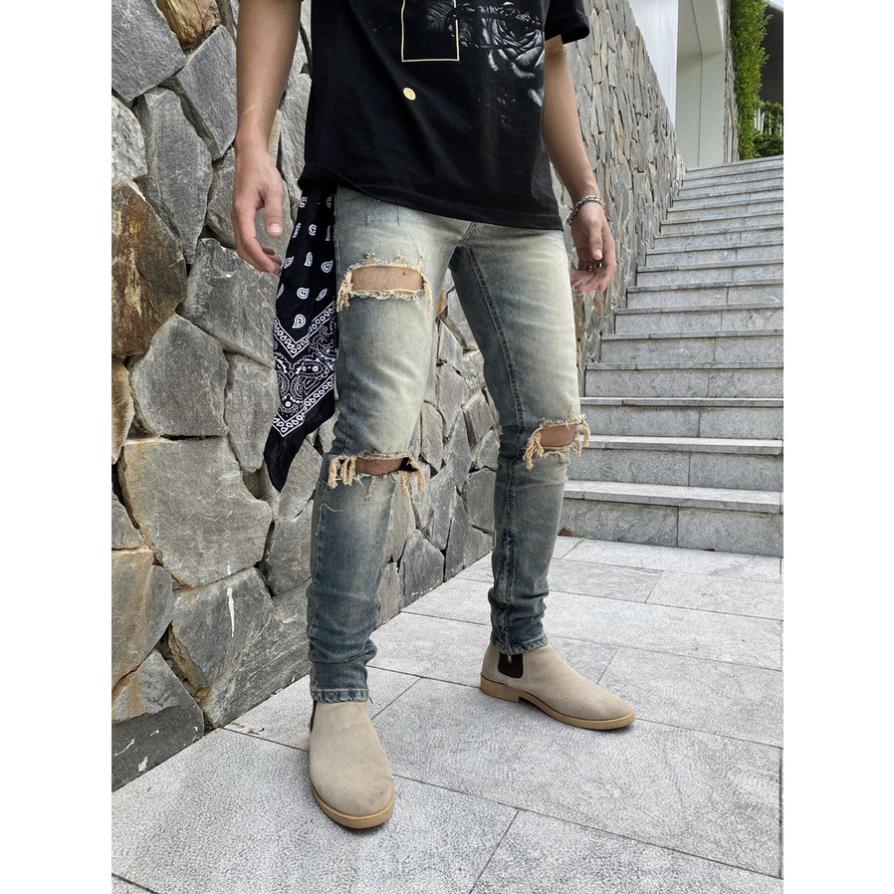 Quần Jean nam rách, quần bò nam đẹp, form ôm Vừa, chất jean Co Giãn Thoải Mái, màu wash bụi bậm !