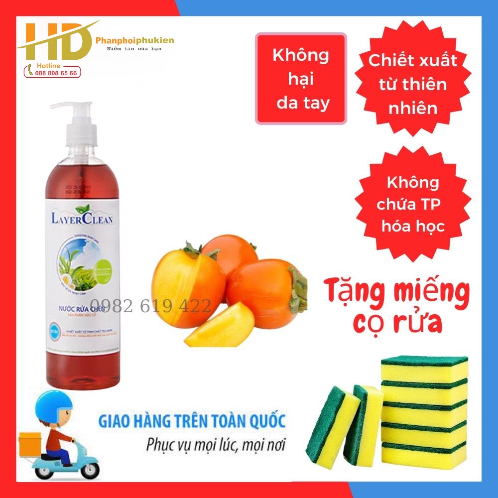 Nước rửa bát thành phần hữu cơ Layer Clean loại 2l hương quả Hồng - Tặng miếng mút cọ rửa cao cấp