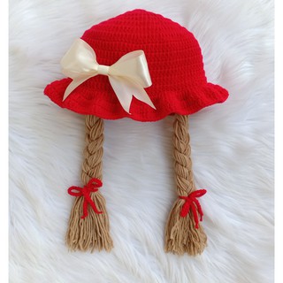 Nón len tông đỏ có 2 bím tóc cho bé gái - Dương liễu handmade