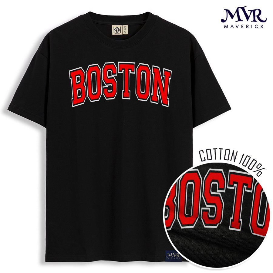 Áo thun nam nữ phom rộng Cotton thoáng mát chữ Boston phong cách varsity bóng chày chữ đỏ MVR KK3938