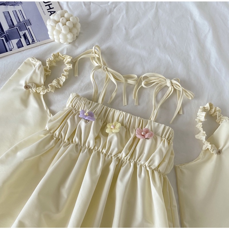 Set Áo Dây Babydoll Thắt Dây Nơ Kèm Ống Tay Dài Vàng Mơ Đáng Yêu