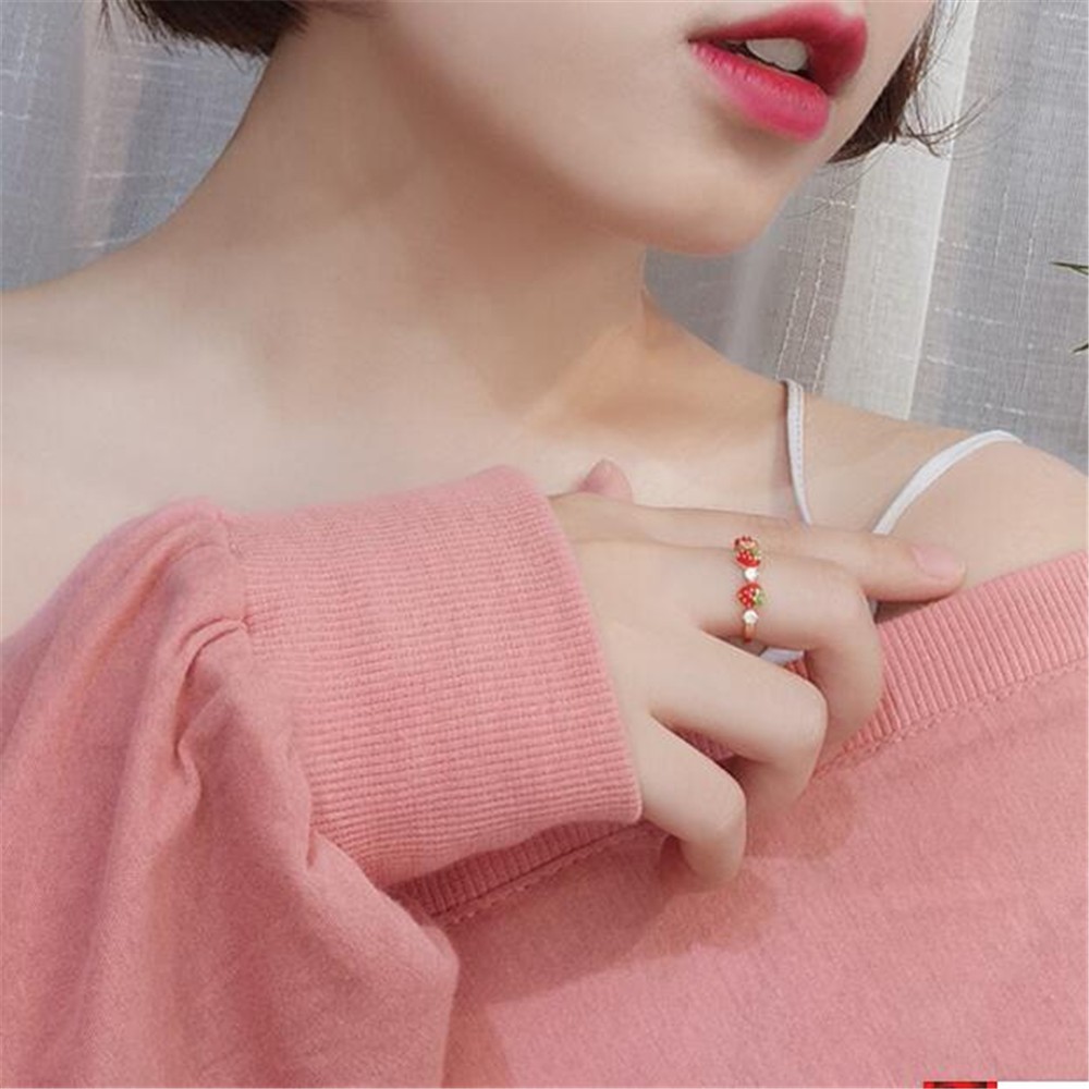 Nhẫn Hở Hình Trái Dâu Đính Đá Zircon Phong Cách Hàn Quốc