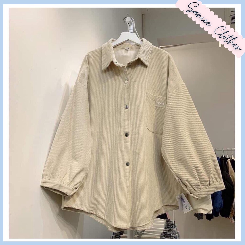 Áo sơ mi nhung tăm nữ dài tay in logo tay bồng dáng rộng Saniee Clothes