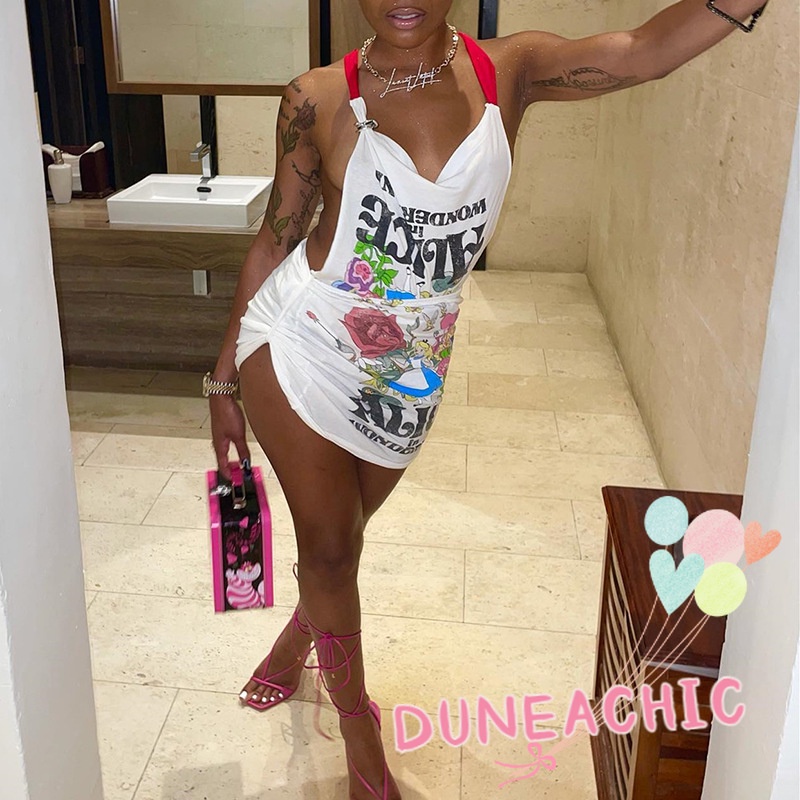 DUNEA Đầm khong tay hở lưng in họa tiết hoạt hình phong cách đường phố cá tính cho nữ