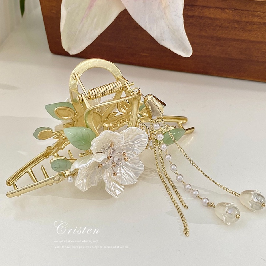 Kẹp Càng Cua Kim Loại Đính Hoa Trà Phong Cách Hàn Quốc