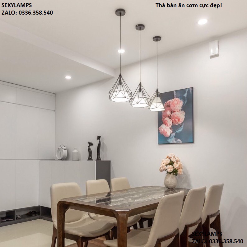 Bộ 3 đèn thả kim cương khung sắt sơn tĩnh điện D250 kèm bóng đèn