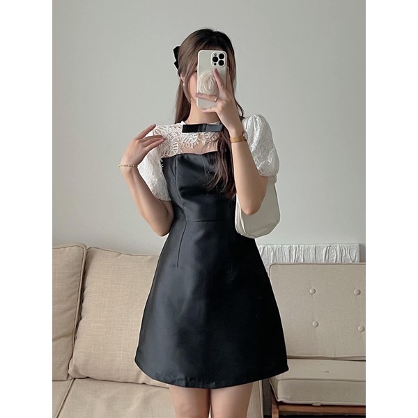 Váy gấm cổ pha ren đính nơ đen tiểu thư