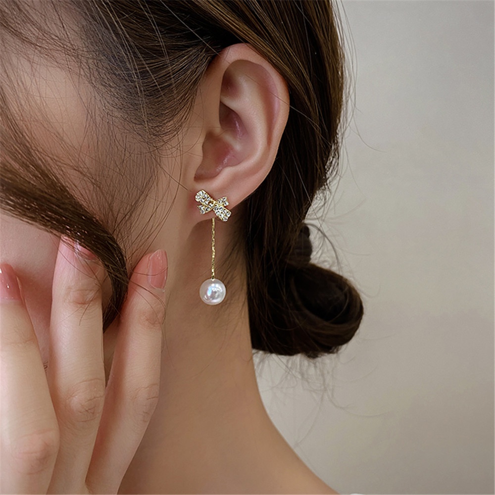 Bông tai dáng dài phối nơ đính ngọc trai thời trang sang trọng cho nữ