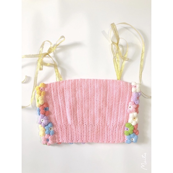 Áo croptop len ghép hoa nổi hanmade xinh xắn dành cho bạn nữ