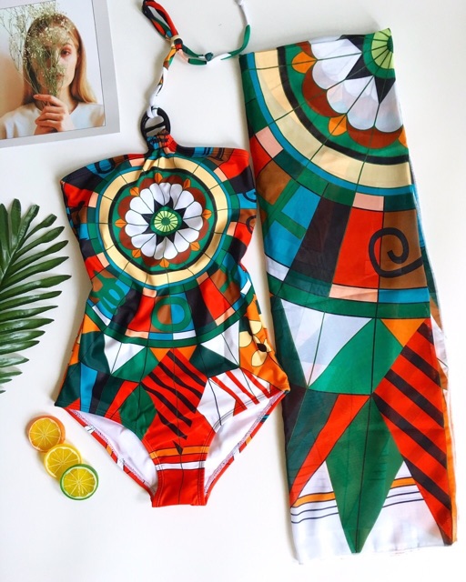 Bikini một mảnh phối thổ cẩm cổ chéo dây kèm khăn