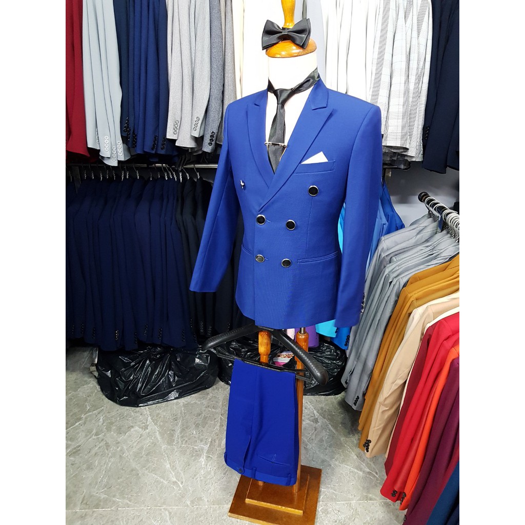 Bộ vest nam ôm body 6 cúc màu xanh coban + phụ kiện cà vạt kẹp nơ