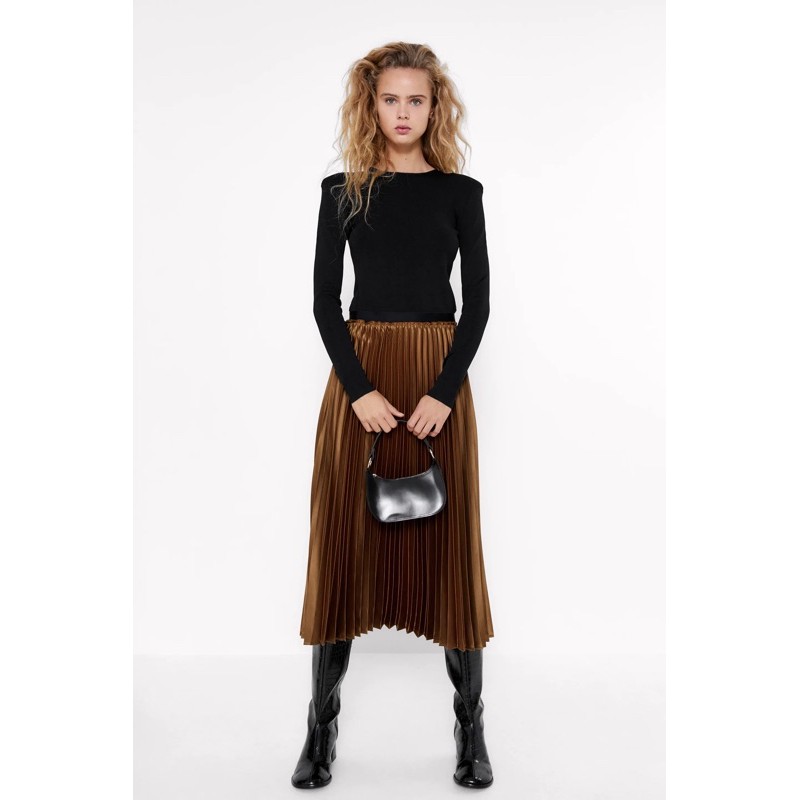 ZARA Đức -Chân váy sale auth new tag cao cấp chính hãng có sẵn dập ly xếp li midi xòe vàng kim lụa bóng kem | BigBuy360 - bigbuy360.vn