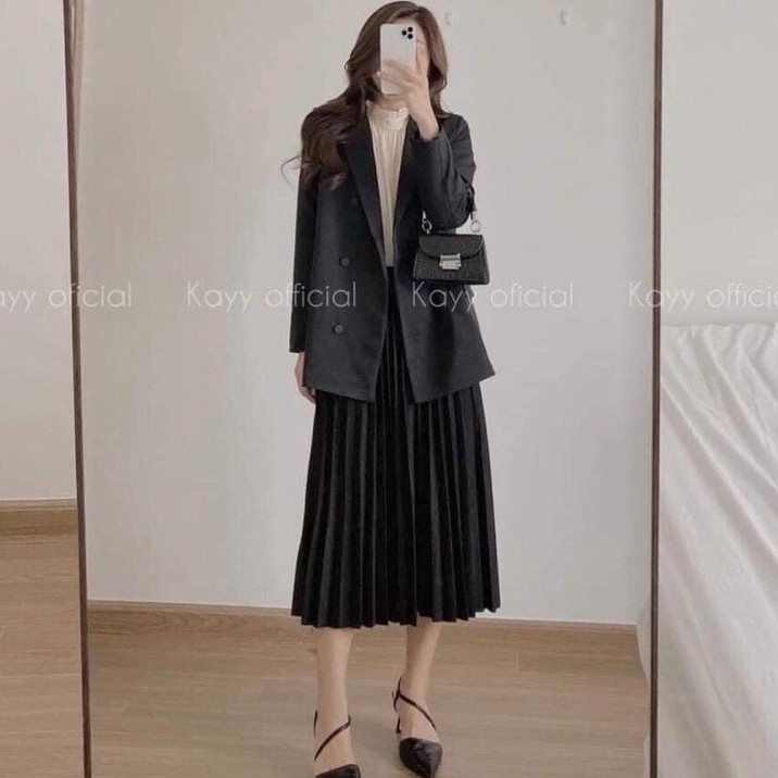 Chân váy xếp li nữ Bingshop - chân váy midi dáng dài xếp li vải tuyết nhung cạp chun freeship