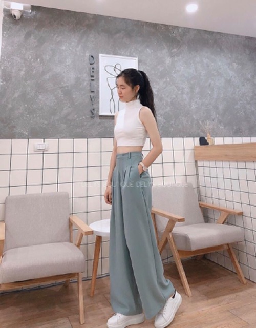 Quần ống rộng nữ lưng cao Delys quần suông nữ cạp cao màu xanh ngọc | BigBuy360 - bigbuy360.vn