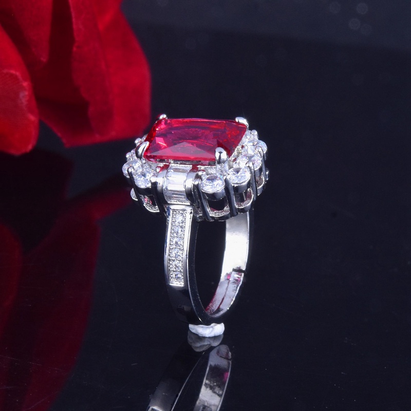 Nhẫn đính hôn màu bạc đính đá zircon đỏ hình vuông sang trọng có thể điều chỉnh kích thước dành cho nữ