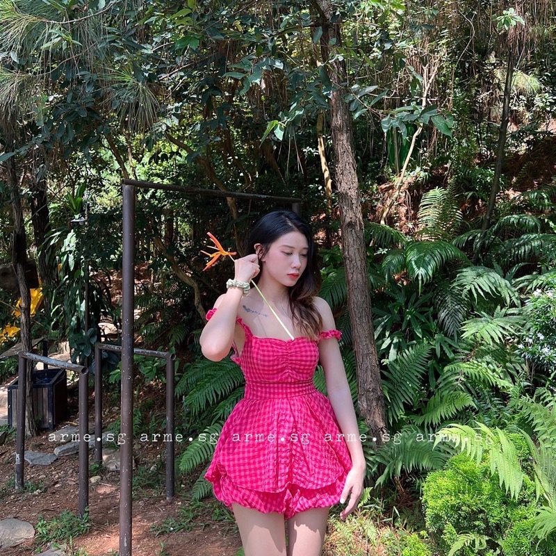 Jump xốp hai dây nhíu ngực nơ lưng dây cột, Set bộ hot trend tôn dáng