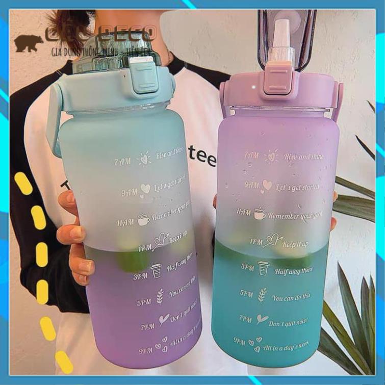 Bình nước 2 lít chia vạch siêu kute [FREESHIP]  Báo giờ uống nước dễ thương cute thể thao có ống hút