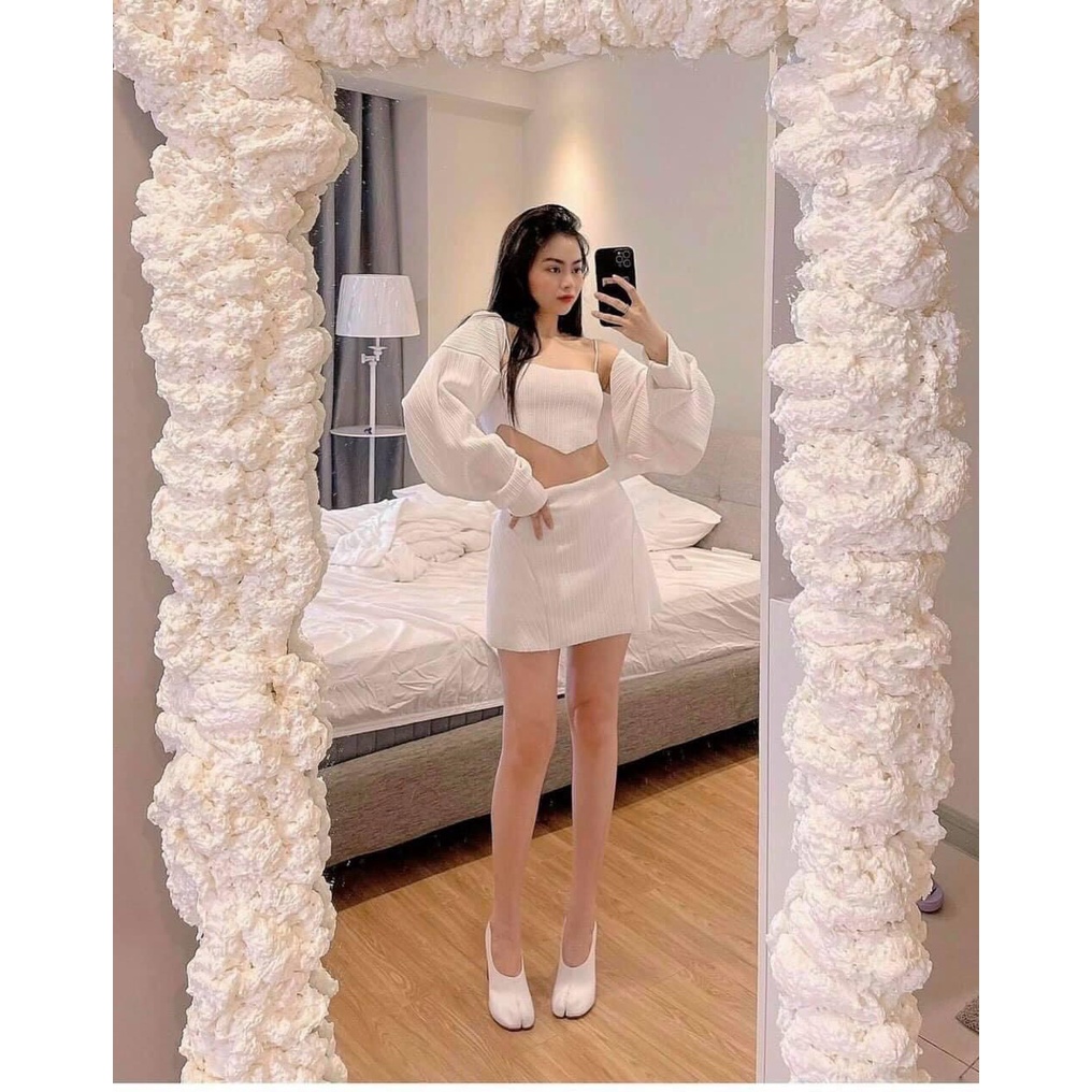 Set váy 3 món trắng freesize áo hay dây mix áo khoác lửng dài tay chân váy chữ A sexy hàn quốc ylydress C438 | BigBuy360 - bigbuy360.vn