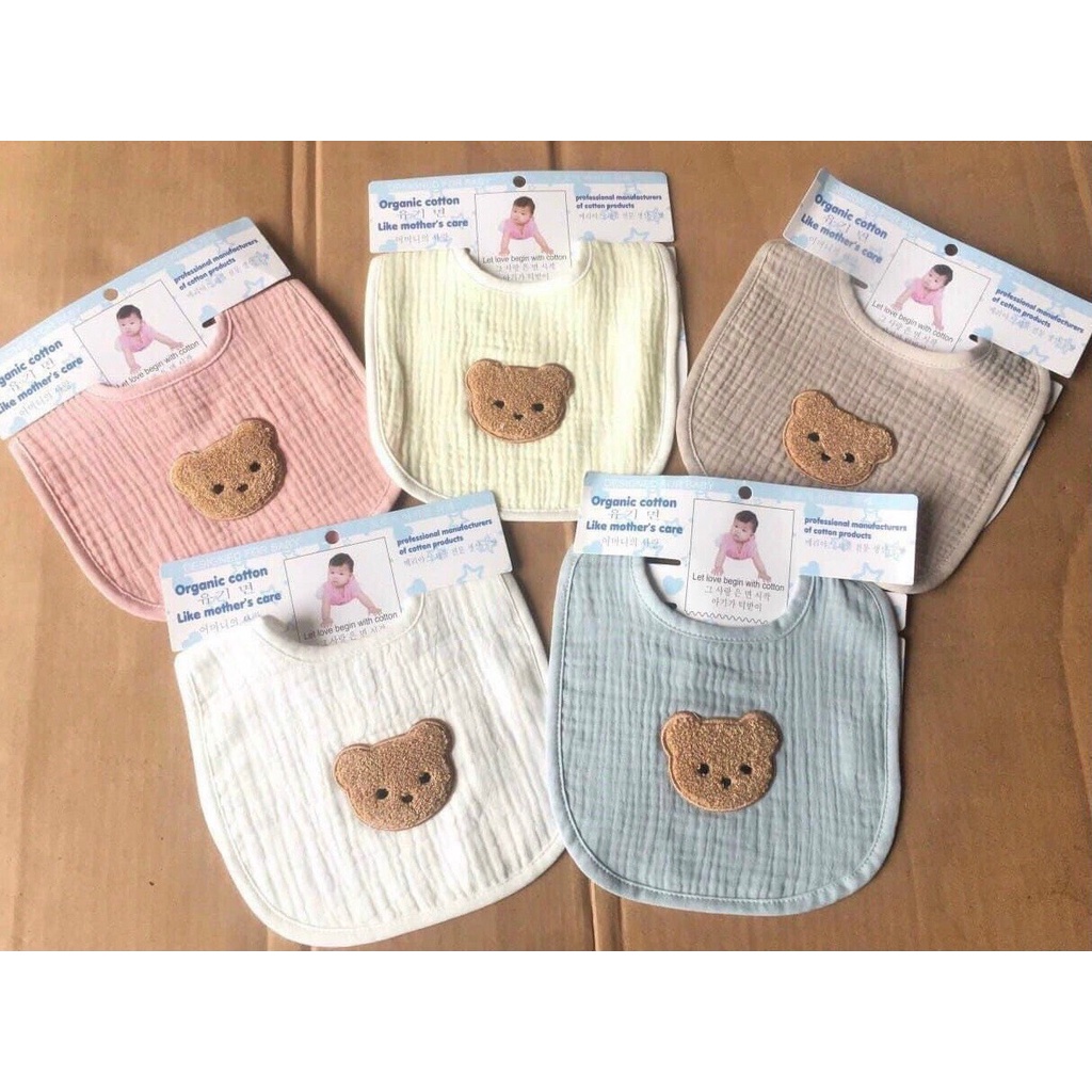 Yếm Xô Muslin Thêu Gấu Len Phong Cách Hàn Cực Xinh Cho Bé Yêu,Khăn Yếm Xô Chữ U Babibu - YXH