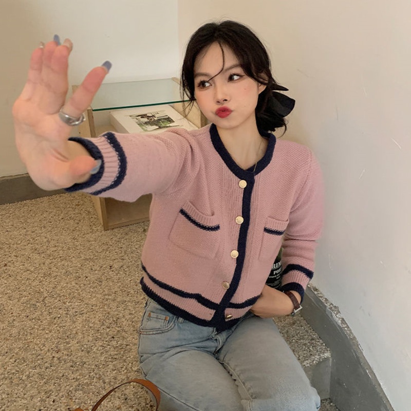 Áo Cardigan Dệt Kim Tay Dài Màu Tương Phản Thời Trang Mùa Thu Mới