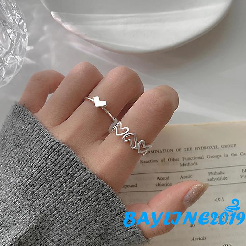 Set 2 nhẫn dạng hở điều chỉnh được kích thước trang trí trái tim thời trang dành cho nữ