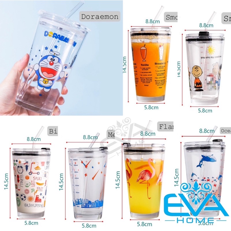 Ly Thuỷ Tinh In Hoạ Tiết Hoạt Hình Có Vạch Chia 400 Ml Kèm Nắp Đậy Kín Hơi Và Ống Hút Thuỷ Tinh SP2682