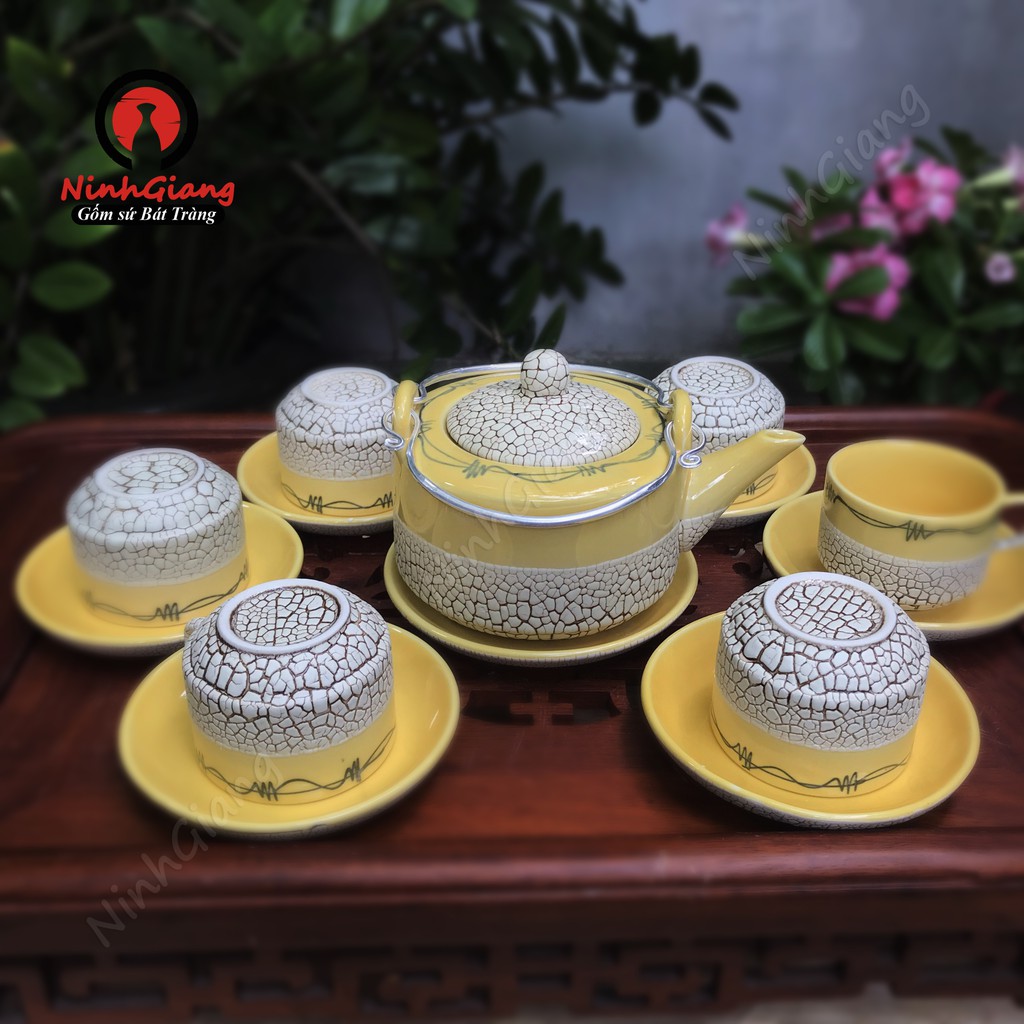 Bộ tách trà Bát Tràng 3 chân men lưới Nhật Bản (có 3 màu vàng,xanh cốm,trắng ngà) hộp quà tặng xốp 36x28x13cm