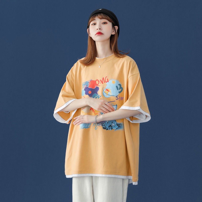 AMOI Áo Thun Ngắn Tay Cổ Tròn Giả Hai Lớp Thời Trang Cho Nữ