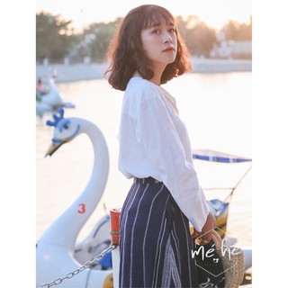 Chân váy linen sọc phối mảnh