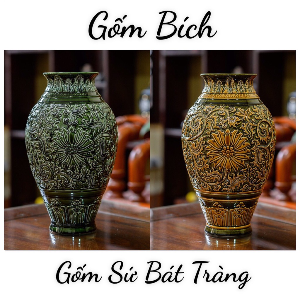 Bình Hoa Lọ Hoa Men Hoàng Thổ Khắc Hoa Cúc Nổi Cao 36.5cm - Gốm Sứ Bát Tràng