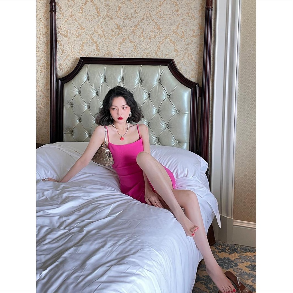 Jiashucheng Đầm Hai Dây Cổ Vuông Dáng Ôm Xẻ Tà Thời Trang Quyến Rũ Cho Nữ