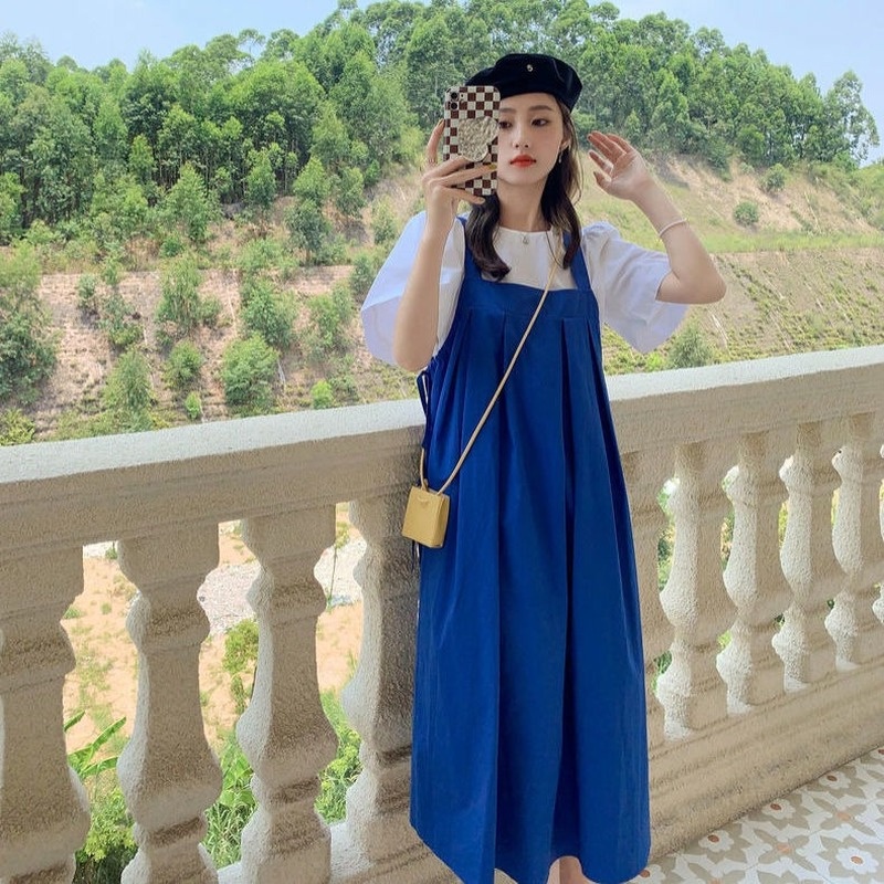 Set Đầm Yếm Màu Xanh Dương Phong Cách Pháp Thời Trang Mùa Hè Mới Cho Nữ