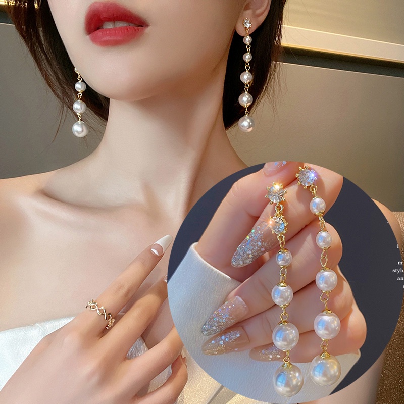 Bông Tai Dáng Dài Đính Ngọc Trai Sang Trọng Thời Trang Cho Nữ