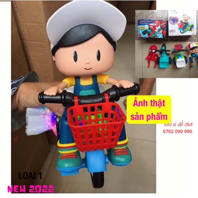 Đồ chơi phát nhạc người nhện đi xe đạp có đèn led và nhạc sôi động