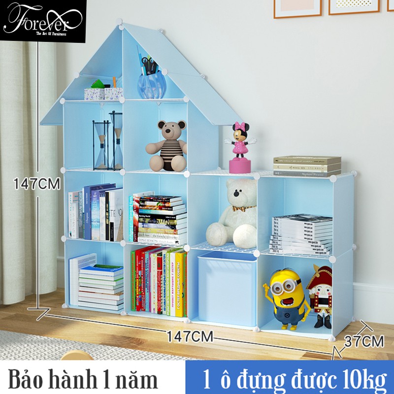 Kệ sách lắp ghép 12 ô đựng đồ đa năng, kiểu mới hình ngôi nhà, khung nhựa xanh trời phối lưới sắt A96850