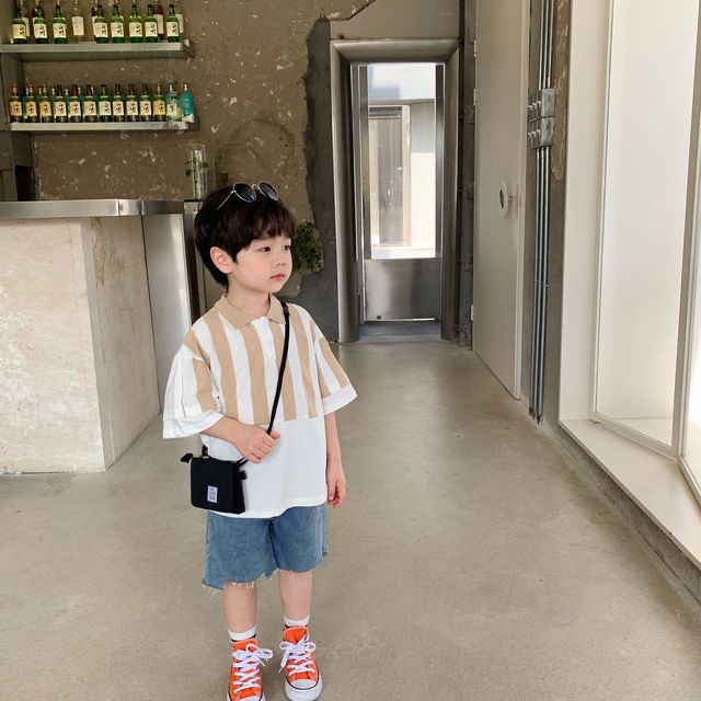 𝗦𝗵𝗼𝗽 𝗠𝗲̣ 𝗕𝗼𝗯 𝟴𝟲 - Áo thun bé trai hè - Áo Polo bé trai cộc tay sọc nâu phong cách Hàn Quốc Size 90-150