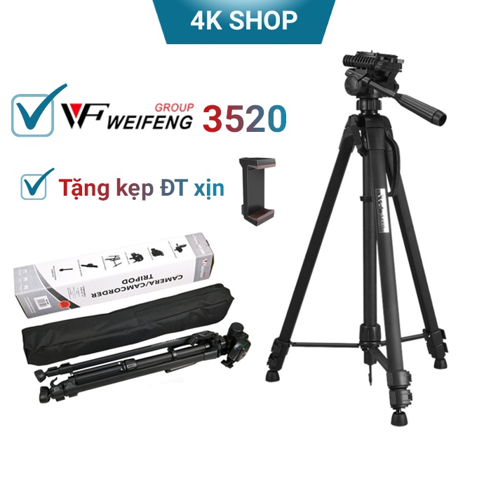 Chân máy ảnh tripod chính hãng Wiefeng hợp kim nhôm tặng kẹp điện thoại