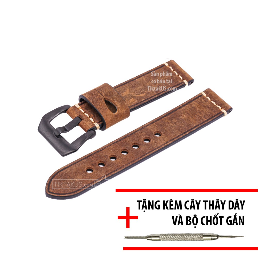 Dây đồng hồ da bò thật - da sáp Vintage màu nâu đậm size 20mm - 22mm - 24mm