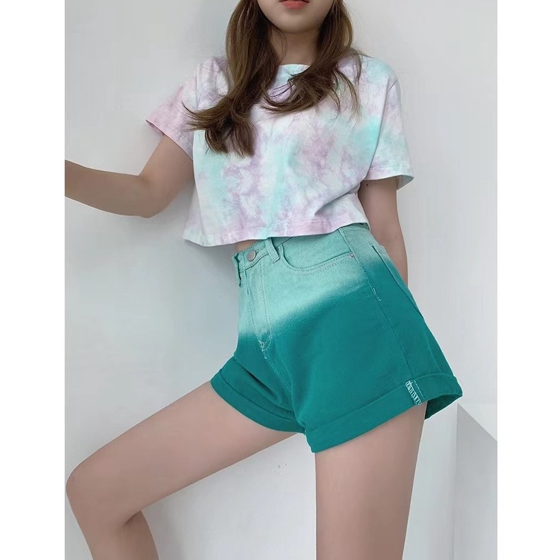 Porozi  Quần đùi jean  lưng cao ống rộng màu sắc gradient phong cách Hàn Quốc cá tính thời trang dành cho nữ