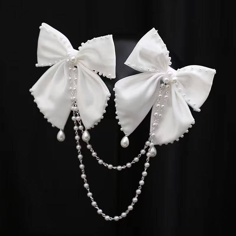 Kẹp Tóc Hình Nơ Đính Ngọc Trai Giả Bằng Satin Màu Trắng Dành Cho Cô Dâu